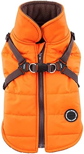 Puppia Mountaineer Winter Dog Coat with integrated harness No Pull Cold Weather Waterproof Warm Fleece Back Zipper for Small & Medium Dog, ORANGE, Medium