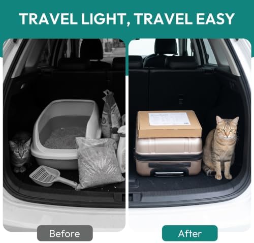 Cat Litter Travel Kit with Flushable Clumping Litter, Foldable Disposable Cardboard Litter Box & Scoop, Portable Cat Travel Essentials for Road Trips, Hotels, Moving & Emergency Use