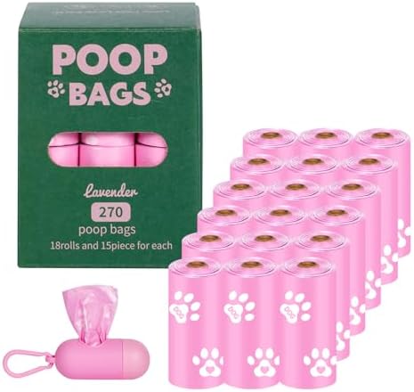 Toplive Dog Poop Waste Bags Set with Dispenser and Leash Clip, Leak-Proof Waste Bags for Outdoor Puppy Walking Cleanup, Poop Bags for Dog Doggy Cat Pet Replacement 18 Rolls (270 Bags), Pink