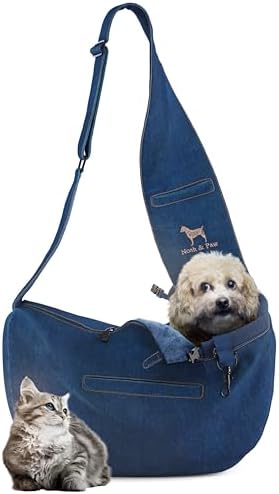 Noah & Paw Dog Sling Carrier for Small Dogs 5-18lb, Dog Sling for Small Dogs and Cats, Dog Carrier with Adjustable Padded Strap, Vegan Denim Lined with Fur, 3X Safety Features, Machine Washable