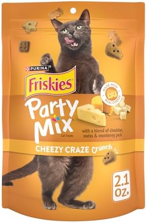 Friskies Purina Made in USA Facilities Cat Treats, Party Mix Cheezy Craze Crunch - (10) 2.1 oz. Pouches