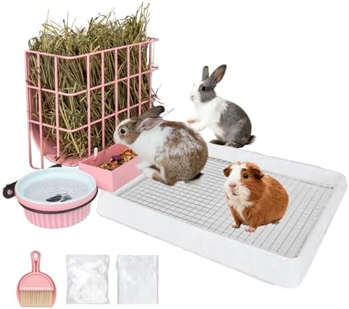 BESNEW 3 in 1 Rabbit Hay Feeder with Litter Box,Upgraded Metal Hay Rack & Litter Tray & Water Bowl,Quick Cleaning,Easy to Install,Bunny Supplies for Rabbit Guinea Pig Chinchilla Small Animals