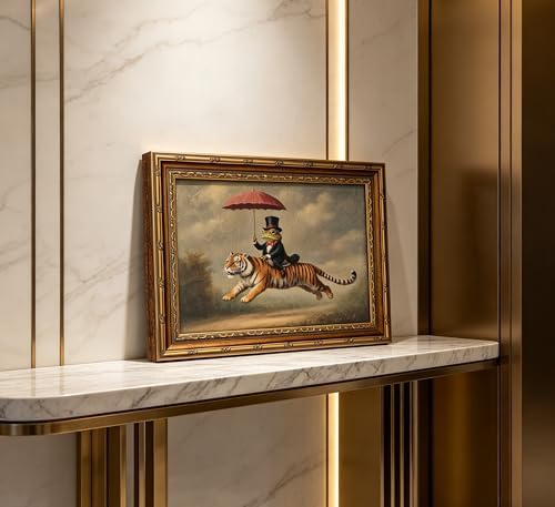 Vintage Gold Framed Whimsical Animal Wall Art, Gentleman Frog Riding Tiger Oli Painting Canvas Print, Antique Quirky Wall Decor, Anthropomorphic Fantasy Picture Poster Artwork for Bedroom Living Room