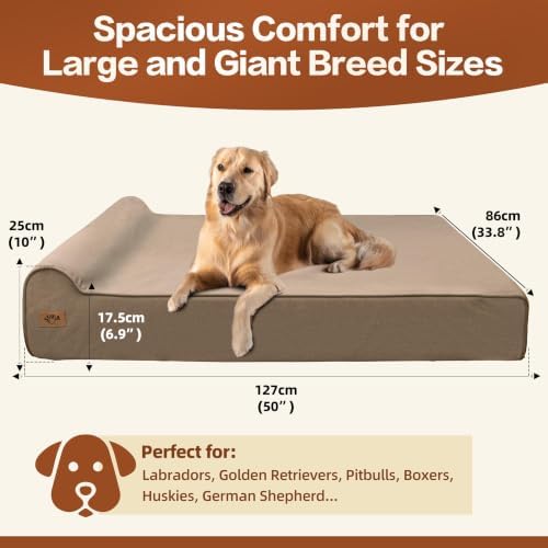 Sytopia XXL 35D Memory Foam Dog Bed for Extra Large Dogs – 7" Thick Orthopedic Pet Couch for Seniors and Big Breeds up to 150 Pounds, with Waterproof Liner & Washable Cover, 50"x 34"x 7", Brown