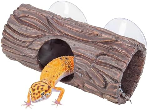 Reptile Hide, Resin Hollow Log Hideout with 2pcs Powerful Suction Cup, Reptile Tank Accessories Climbing Toys Terrarium Hideaway Caves Decor for Gecko, Lizard, Snakes, Hermit Crabs, Forgs