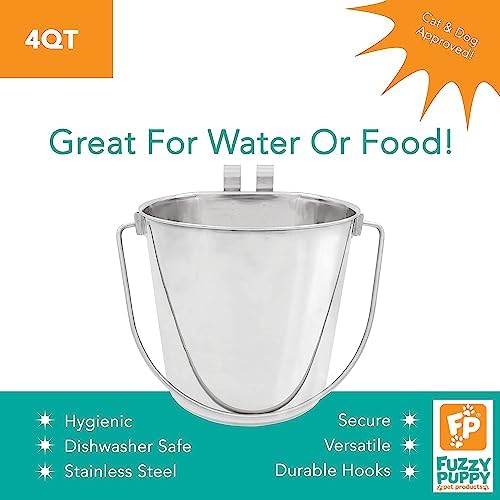 Fuzzy Puppy Flat Sided Pail with Dual Hooks, Snugly Fit On Dog, Cat and Critter Crates & Cages, Heavy Duty Stainless Steel | 4 Quart, (PN: FSP-4)
