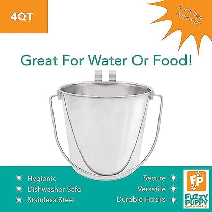 Fuzzy Puppy Flat Sided Pail with Dual Hooks, Snugly Fit On Dog, Cat and Critter Crates & Cages, Heavy Duty Stainless Steel | 4 Quart, (PN: FSP-4)
