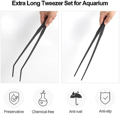 Aquarium Tweezers Extra Long 15 inches Feed Tong Clamps - FEITA Straight and Curved Stainless Steel 38cm Tweezers Set for Fish Tank Plants Aquascape Tools & Reptile Feeding Tongs - Black 2Pcs
