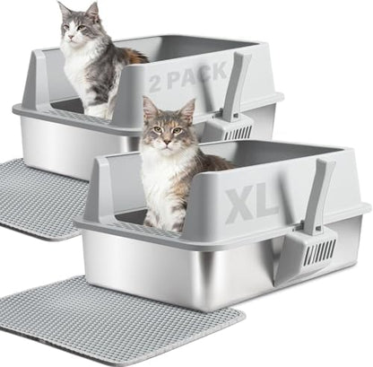 2PACK Stainless Steel Cat Litter Box with Lid, XL Metal Litter Box