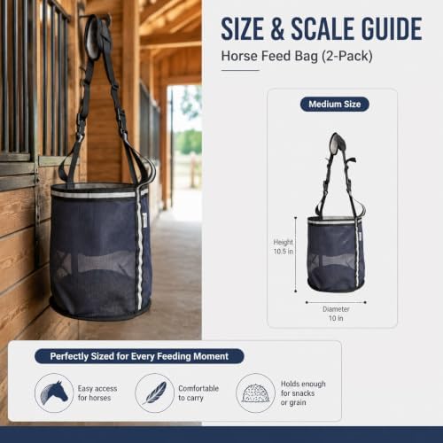 Horse Feed Bag,Heavy Duty Muzzle Feed Bag with Adjustable Strap,Comfort Neck Pad,Nose Pad and Double Waterproof Bottom Mesh Feed Bags for Horse Pack of 2 (Dark Blue & Grey(Reflective))