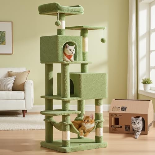 Feandrea Cat Tree, 59.5-Inch Tall Cat Tower, Multi-Level Condo, Grass Green