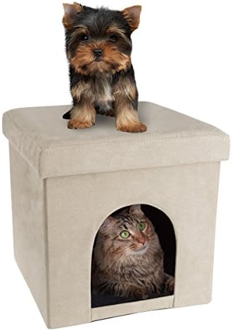 Pet House Ottoman - Collapsible Multipurpose Small Dog or Cat Bed Cube and Footrest with Cushion Top and Interior Pillow by PETMAKER (Microsuede Tan)