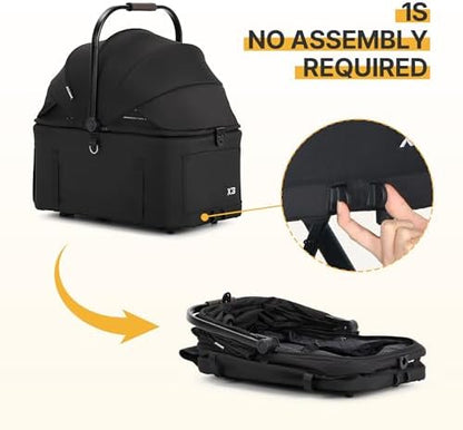 X3 Pet Stroller for Medium Dogs Cats Up to 55 lbs or Two Small Pets, Black