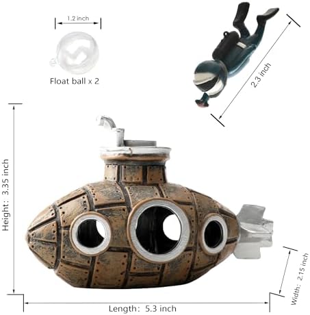 Floating Retro Submarine, Fish Tank Decoration for Aquarium, Brown