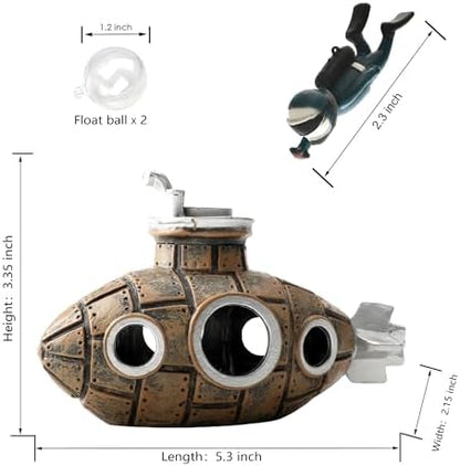 Floating Retro Submarine, Fish Tank Decoration for Aquarium, Brown