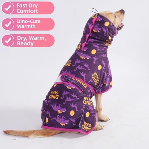 LovinPet 3-in-1 Dog Warm Winter Coat & Bathrobe, Purple Dinosaur Fleece, M