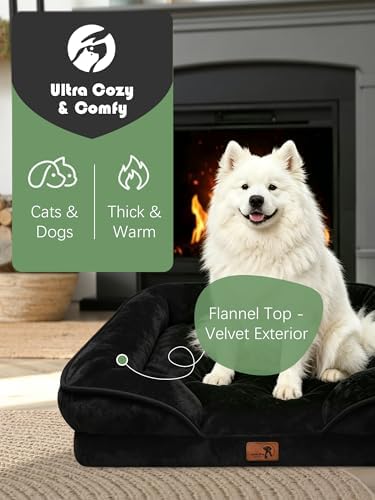Spotted Play Orthopedic Dog Bed with Sides - Sofa Beds for Large Dogs, Supportive Foam Pet Couch Bed with Washable Removable Cover, Waterproof Lining and Non-Slip Bottom, Black - L-Plus