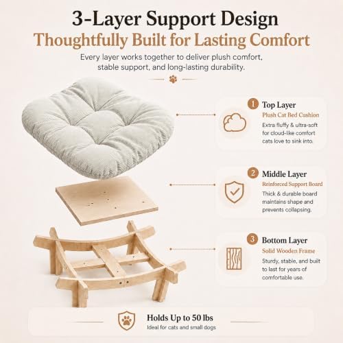 Elevated Cat Bed, Wooden Pet Sofa with Washable Cushion (Square / Beige)