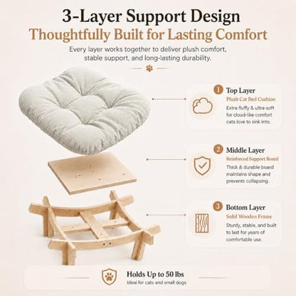 Elevated Cat Bed, Wooden Pet Sofa with Washable Cushion (Square / Beige)