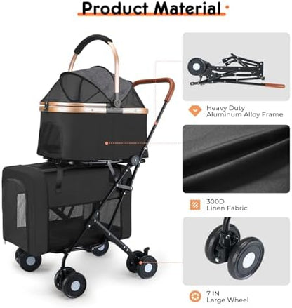 Double Pet Stroller for Small Medium Dogs - 4 In1 Dog Stroller for 2 Pets, Detachable and Foldable with 360°Rotating Wheels, Easy Assembly and Compact Size (Black)
