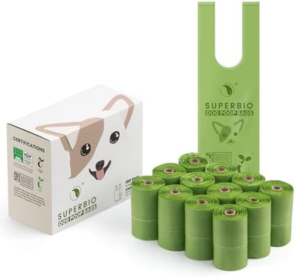 SUPERBIO Handle Tie Dog Poop Bags, 12 Rolls, 180 Bags
