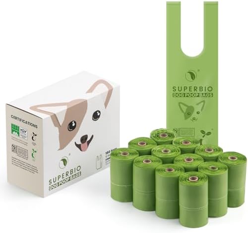 SUPERBIO Handle Tie Dog Poop Bags, 12 Rolls, 180 Bags