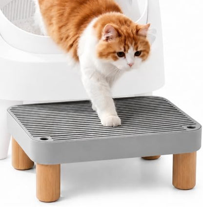 Litter Box Step, Litter Box Ramp/Catcher with Wooden Base, Anti-Tracking & Easy to Clean, Ideal for Big Cats and Automatic Litter Boxes 15.8" x 11.8" x 5.9" (Gray)