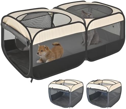 2-in-1 Pop Up Cat Playpen, Detachable into 2 Separate Pens with Additional Doors, Assembly-Free Portable Dog Crates Pet Pen Tent Kennel Kitten Puppy Enclosure Cage Indoor Outdoor Foldable Condo(S)