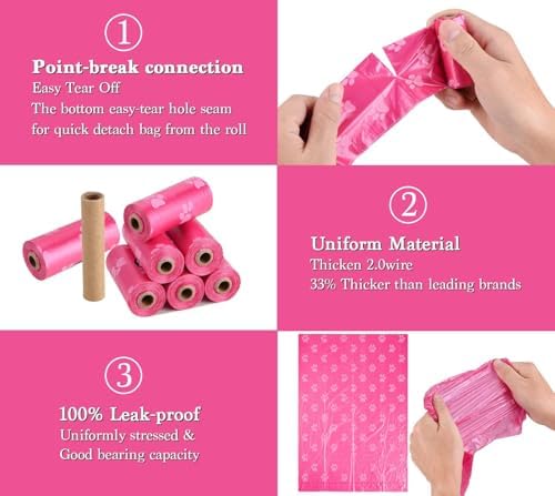 WDFAACK Dog Poo Bags with Holder-240 Large Poop Bags, Corn Starch Blended Bag, Extra Thick Strong Leak Proof Waste Bag for Dogs (Pink)