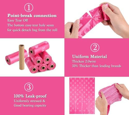 WDFAACK Dog Poo Bags with Holder-240 Large Poop Bags, Corn Starch Blended Bag, Extra Thick Strong Leak Proof Waste Bag for Dogs (Pink)