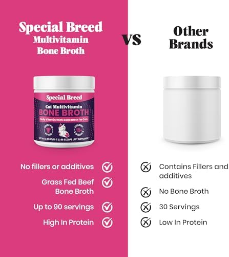 Cat Multivitamin with Grass-Fed Beef Bone Broth – Daily Supplement for Immune, Joint, Skin, Coat & Gut Health – Omega 3s, Lysine, Beta Glucan, Vitamins A-E, C, D – 90 Day Supply – No Fillers