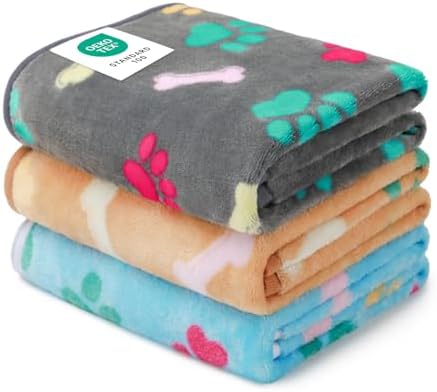 Luciphia 1 Pack 3 Blankets Fluffy Premium Fleece Pet Blanket Flannel Paw Printed Throw for Dog Cat(Medium 30x20'', Grey/Brown/Blue)