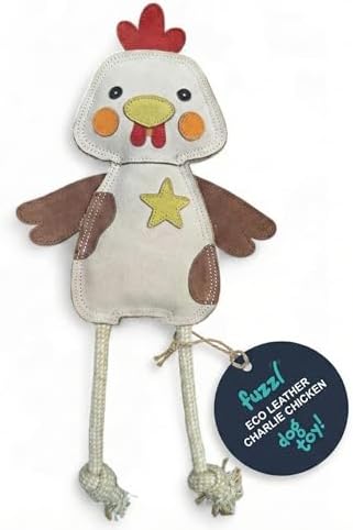 Fuzzl Eco Leather Charlie Chicken Natural and Tough Dog Toys - Long Lasting Chew Toys for Moderate Chewers - Strong Dog Toy for Dogs and Puppy with Natural Jute Filling and Double Stitching