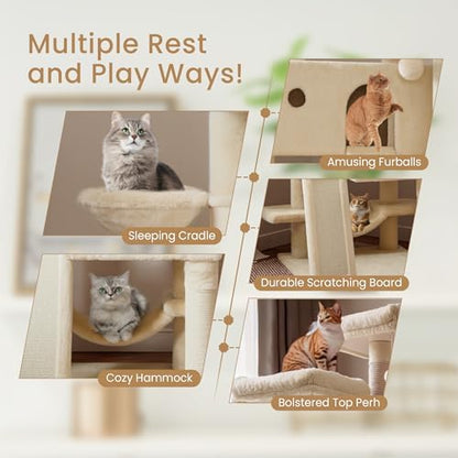 SHA CERLIN 65in Larger Cat Tree Tower Condo for Indoor Kitties/Multi-Level Furniture Activity Center with Wide Base/Cozy Plush Cat Perches/Baskets/Sisal Scratching Posts and Hammock/Beige