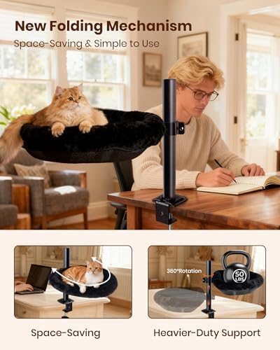 L&W BROS. Cat Desk Bed, 20.5"x18.5" Foldable Clamp-On Desk Cat Hammock for Large Cats, 50lb Capacity Space-Saving Desk Cat Perch with Washable Plush Fleece Cover for Gaming & Office Desk