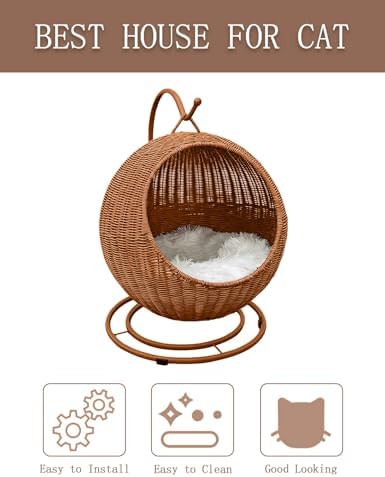 Wicker Cat Bed Indoor & Outdoor, Handwoven PP Rattan Cat Swing Bed with Removable Washable Cushion, Breathable Waterproof Cat House for Cats & Small Dogs (Large–16.9" L × 25.98" H)