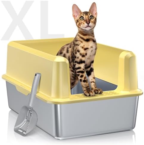 Stainless Steel Cat Litter Box, XL High Sided Open Top Litter Pan, 1 Scoop