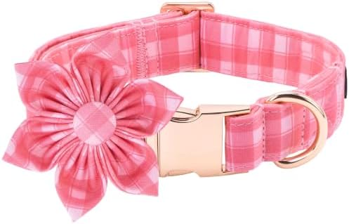 Pink Gingham Dog Collar with Flower for X-Large Female Dogs