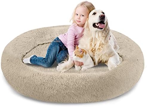 SAVFOX 54 inches Calming Donut Dog Bed - 3X Durable Plush Faux Fur, Machine Washable & Non-Slip, Fits up to 210 lbs, Removable Cover, Beige