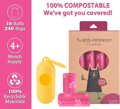 WDFAACK Dog Poo Bags with Holder-240 Large Poop Bags, Corn Starch Blended Bag, Extra Thick Strong Leak Proof Waste Bag for Dogs (Pink)