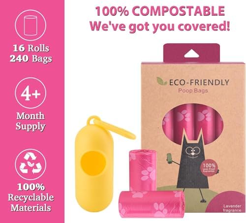 WDFAACK Dog Poo Bags with Holder-240 Large Poop Bags, Corn Starch Blended Bag, Extra Thick Strong Leak Proof Waste Bag for Dogs (Pink)