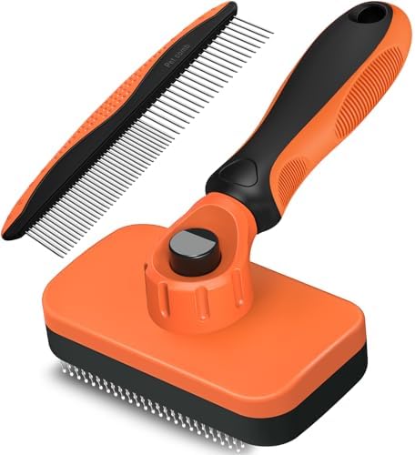 2PCS Self Cleaning Slicker Brush & Dog Comb - Skin Friendly Deshedding Grooming Tool for Dogs, Cats and Small Animals, Professional Deshedding Dematting Tool for Long and Short Haired Pets (Orange)