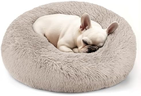 Dogs Bed for Small Dogs, Anti-Anxiety Washable Round Bed (24in Brown)