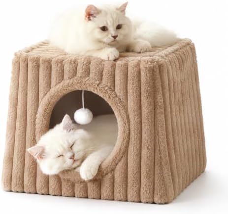 Dogpals Cat Cave Bed 15.74"x15.74"x13.38" Large with Balls (Khaki)