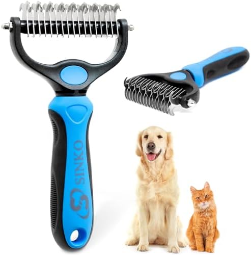 Sinko Shedding Brush For Dog and Cat, Undercoat Rake with Extra Wide Double-Sided Stainless Teeth for Detangling, Deshedding, Brushing & Removing Shed Fur, Knots, Mats, and Tangles in Pets (Blue)