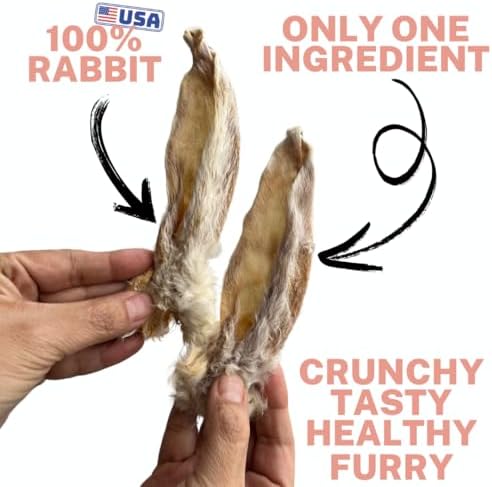 Dehydrated Rabbit Ears for Dogs & Cats - - USA Sourced Whole Ears with Fur for Dogs - Rawhide Alternative - 100% Single Ingredient Crunchy Furry Rabbit Ears (6 Count)