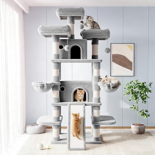 Allewie 82 Inches Large Cat Tree/House/XXL Tall Cat Towers for Big Feline/Scratching Post/Multi-Level Large Kitty Climbing Tree with Condo/Light Grey