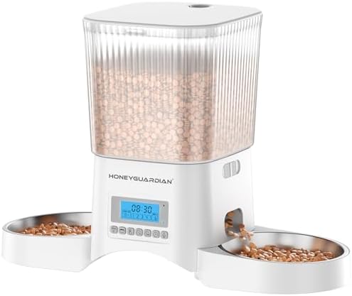HoneyGuaridan Automatic Cat Feeder for 2 Cats,Automatic Cat Food Dispenser,Timed Pet Feeder for Cats and Dogs,Desiccant Bag, Programmable Portion Control,10s Voice Recorder