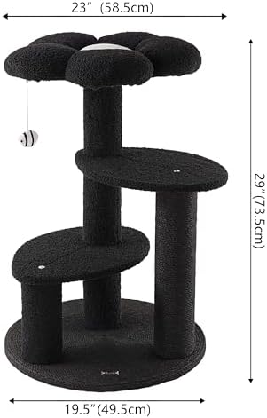 Poppy 29" 3-Tier Modern Flower Cat Tree Tower with Jute Scratching Posts, Weighted Base, Plush Platforms and Dangling Toy, Whimsical Activity Center, Grey/White CTR1007C