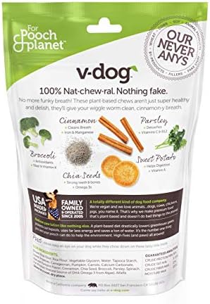 V-dog Dog Treats - Vegan Breathbone Teeth Cleaning Dental Dog Bones - Fresh Breath - 8 Ounces - All Natural - Made in USA - 6 Bones - 4" Long - Easy to Digest